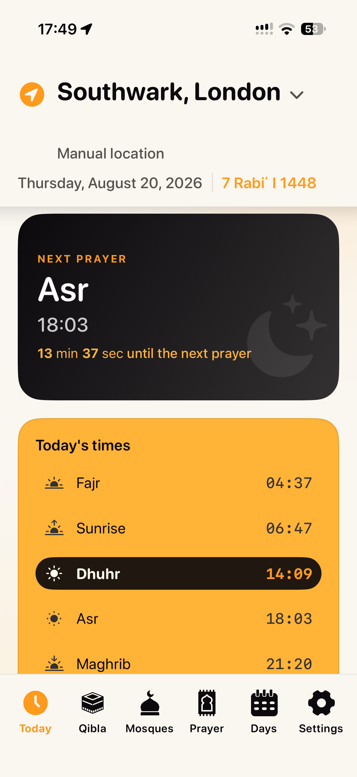 Time for Allah daily prayer times screen